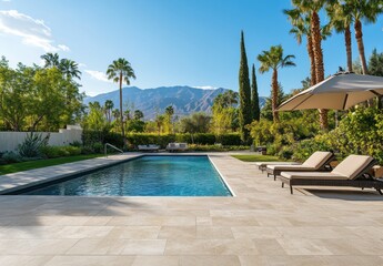 Serene Outdoor Swimming Pool Surrounded by Lush Greenery and Palm Trees with Majestic Mountains in the Background under a Clear Blue Sky