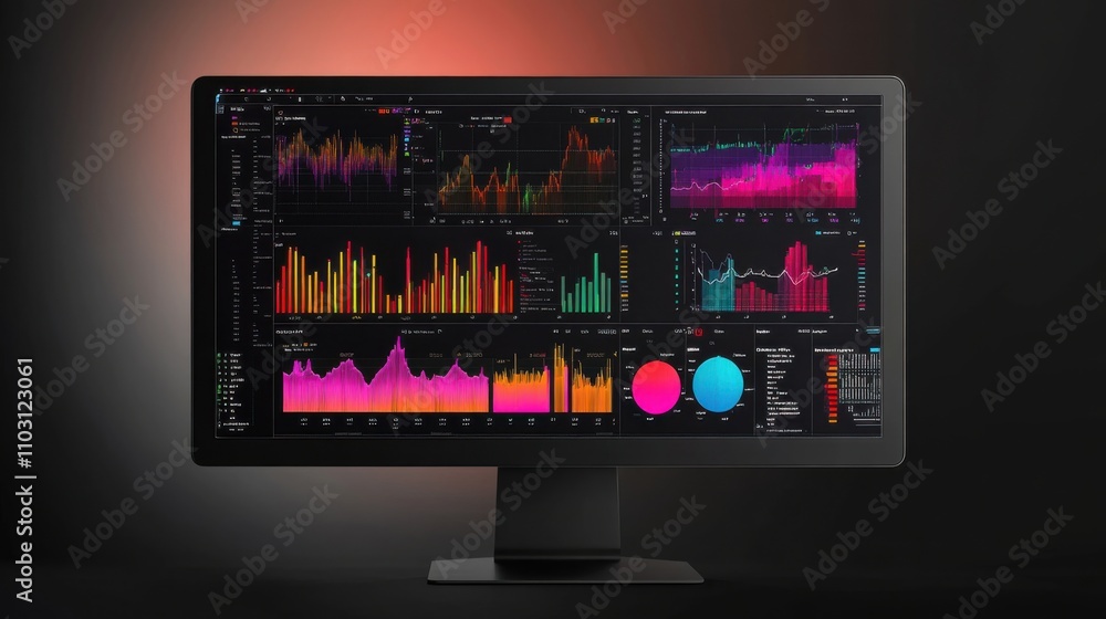 Poster detailed computer monitor displaying colorful data visualizations