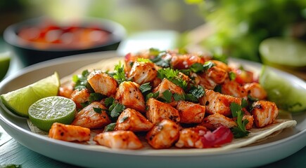 Fototapeta premium Grilled salmon tacos with lime and fresh salsa.