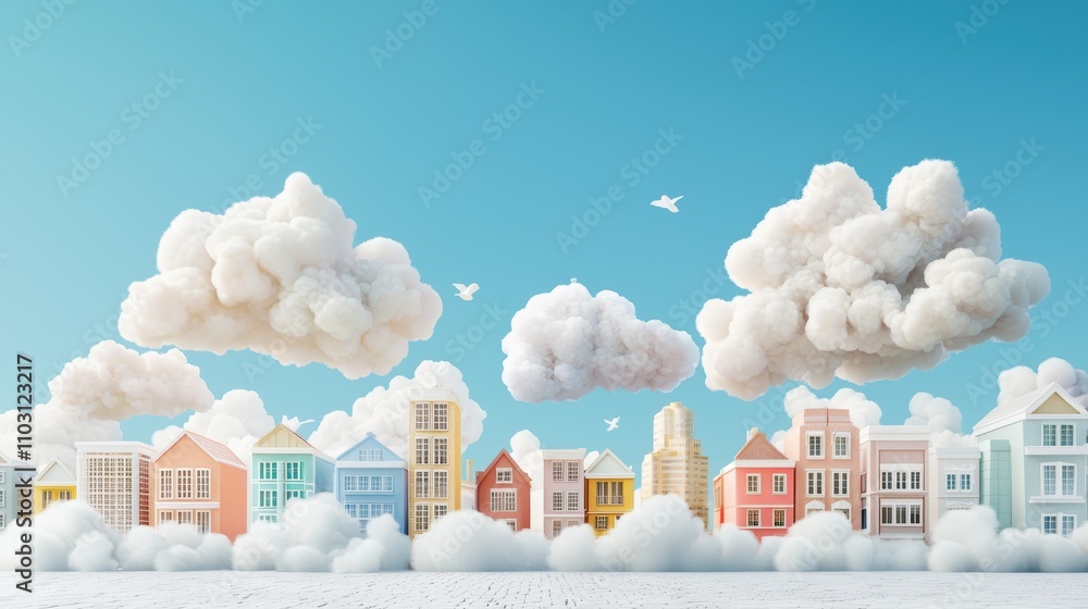 Poster a cityscape with stylized clouds hovering above buildings, representing the ubiquitous nature of clo