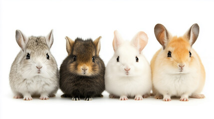 Obraz premium Four small chinchillas of different colors sitting next to each other on a white background.