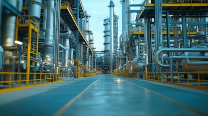 Fototapeta premium A wide shot of a modern industrial facility showcasing pipes, machines, and equipment in a factory environment