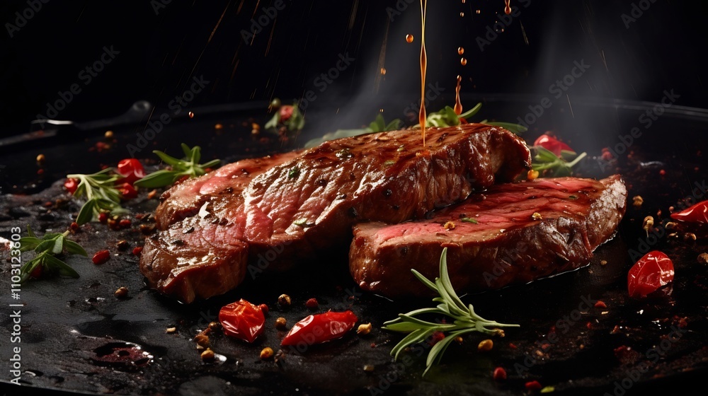 Aufkleber sizzling steak slices flying above a pan with vivid oil splatters and charred edges creating an appe