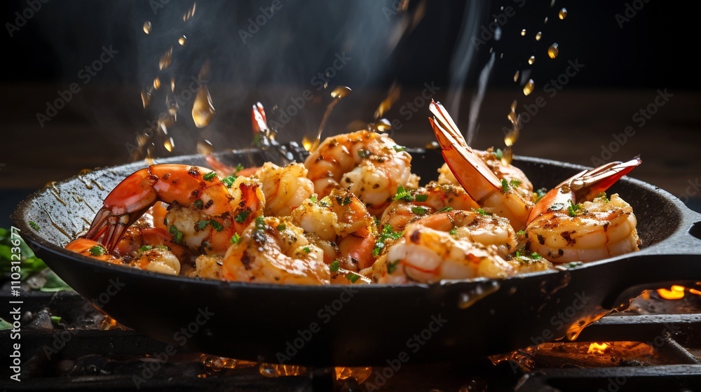 Poster juicy shrimp tossed in aromatic garlic butter elegantly swirl and float in a wave formation over a s