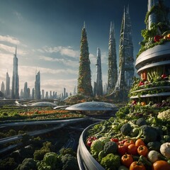 A futuristic city built entirely from vegetables.