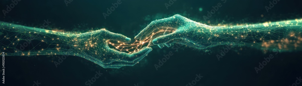 Poster a digital representation of two hands reaching out, symbolizing connection and unity.