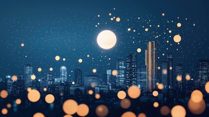 A cityscape panorama at night with glowing charts and graphs superimposed, representing the role of data analytics in driving business decisions.