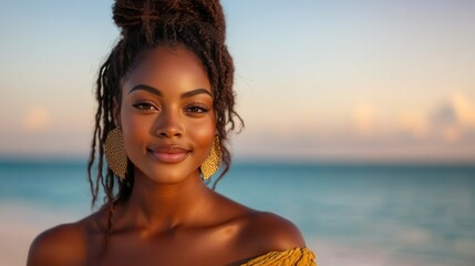 A confident woman in a yellow outfit stands by the beach, her presence radiating strength and grace against the backdrop of a vibrant seashore. - Powered by Adobe