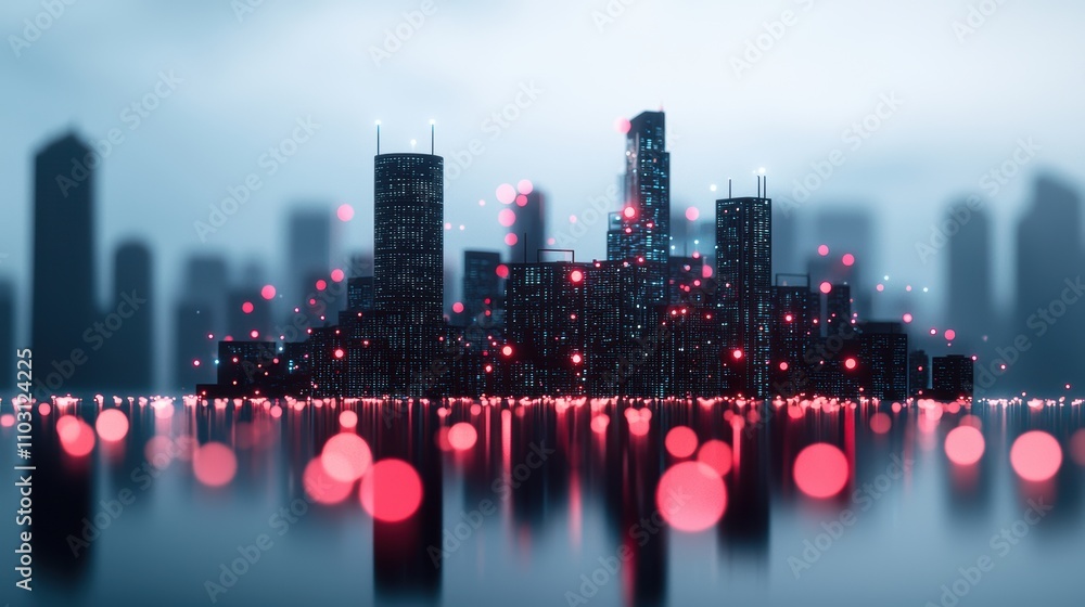 Poster a cityscape with interconnected devices, sensors, and data streams, illustrating the concept of a sm