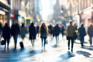 Blurred city street scene with walking people