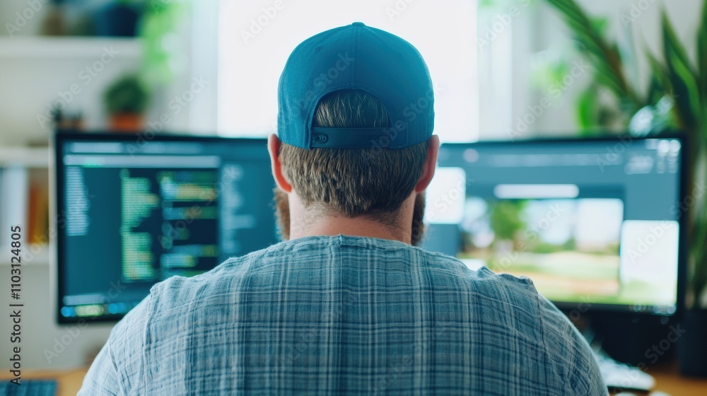Aufkleber remote work setup tech enthusiast at home dual monitors modern workspace focused