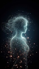 Abstract representation of a human figure made of glowing data streams