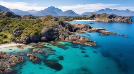 Breathtaking drone aerial view of a serene secluded turquoise bay surrounded by rugged majestic mountains in the distance  This idyllic