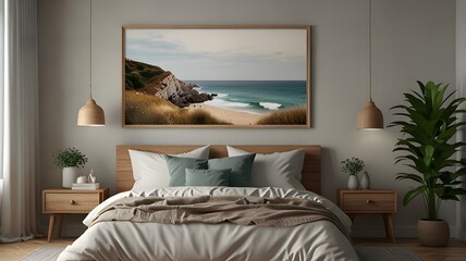 Mock up frame in cozy home interior background, coastal style bedroom, 3d render.