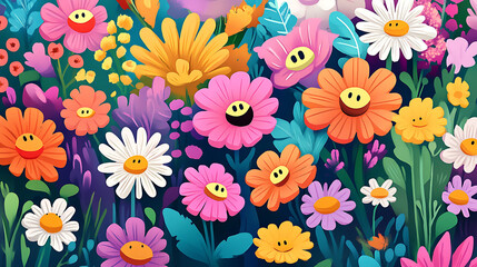 A fun illustration featuring cartoon flowers with friendly faces and bold colors for kids 