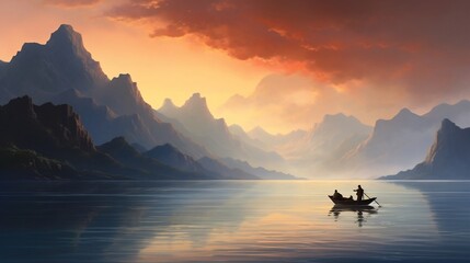 A tranquil and picturesque seascape featuring a lone fisherman s boat gently floating on the calm waters with towering mountains forming a stunning backdrop to the serene coastal scene