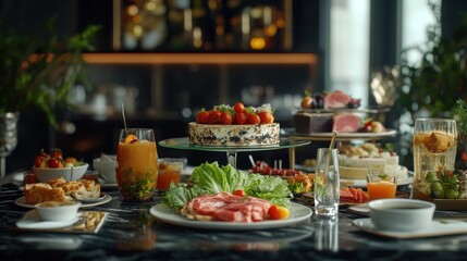 A lavish spread of gourmet dishes and beverages.