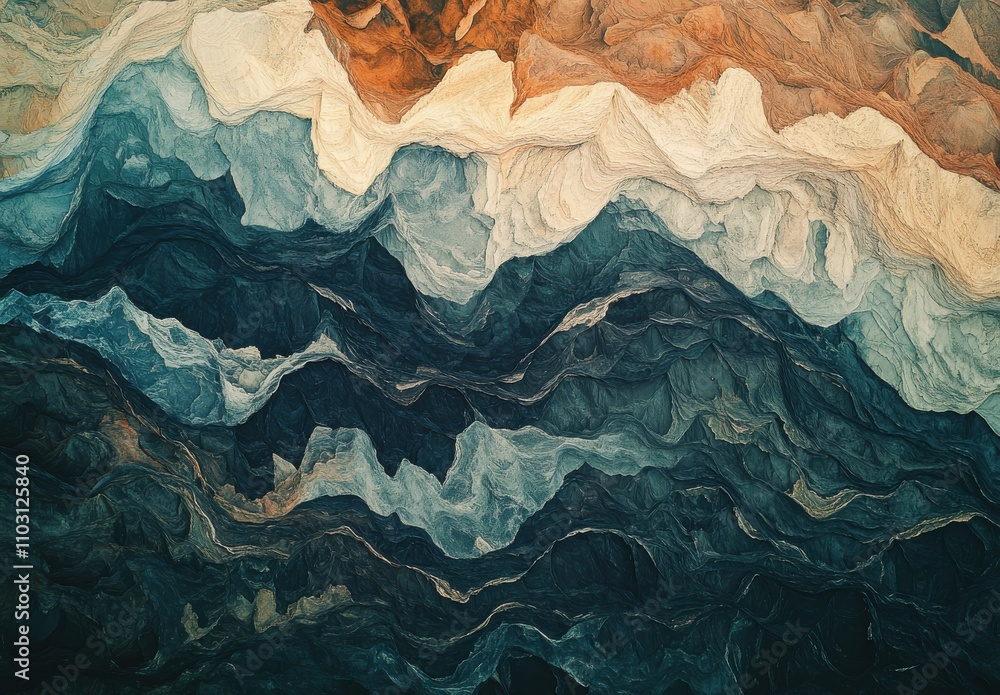 Poster abstract close-up texture of colorful layered waves in an artistic representation of ocean currents,