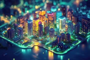 Futuristic city model glowing with vibrant neon colors at night