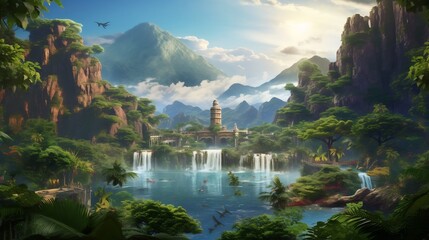 Enchanting tropical paradise with cascading waterfalls flowing into the serene azure sea surrounded by the majestic lush verdant mountains  A breathtaking