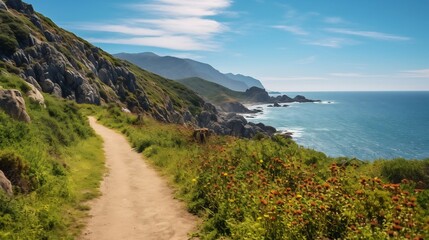 Fototapeta premium Scenic Coastal Trail Ideal for Biking with Sweeping Ocean and Mountain Views in the Sunny Outdoors Picturesque landscape perfect for active adventure