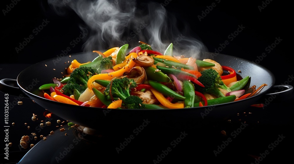 Poster a captivating image showcasing a wok filled with a vibrant and dynamic stir fry of colorful vegetabl