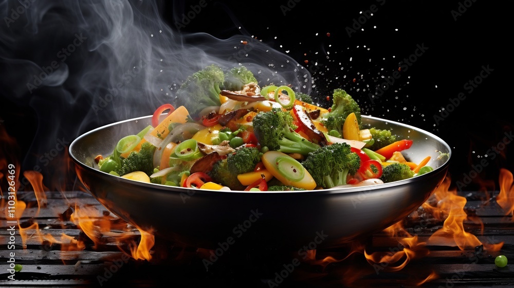 Poster colorful stir fried vegetables in dynamic motion over a wok with steam swirling upward creating a vi