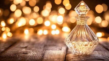 Fototapeta premium A glass perfume bottle sits elegantly on a wooden surface with a blurred bokeh background.