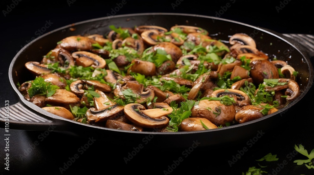 Poster sauted mushrooms flipping over a pan with garlic and parsley seasoning floating around creating an a