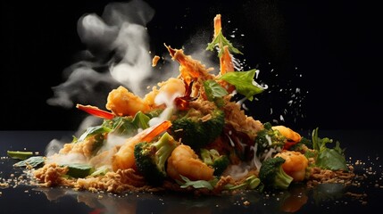 Crispy tempura fried vegetables levitating and soaring above a ceramic pan with subtle splashes of hot oil and flour dust in the air creating an abstract and dynamic culinary composition