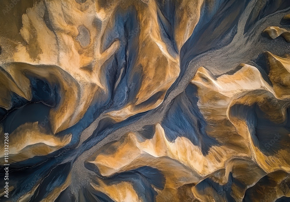 Poster aerial view of an abstract river delta with flowing patterns and textures in earthy tones, capturing