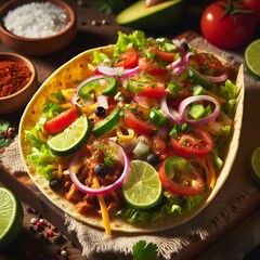Fresh vegetarian taco loaded with colorful vegetables and lime wedges