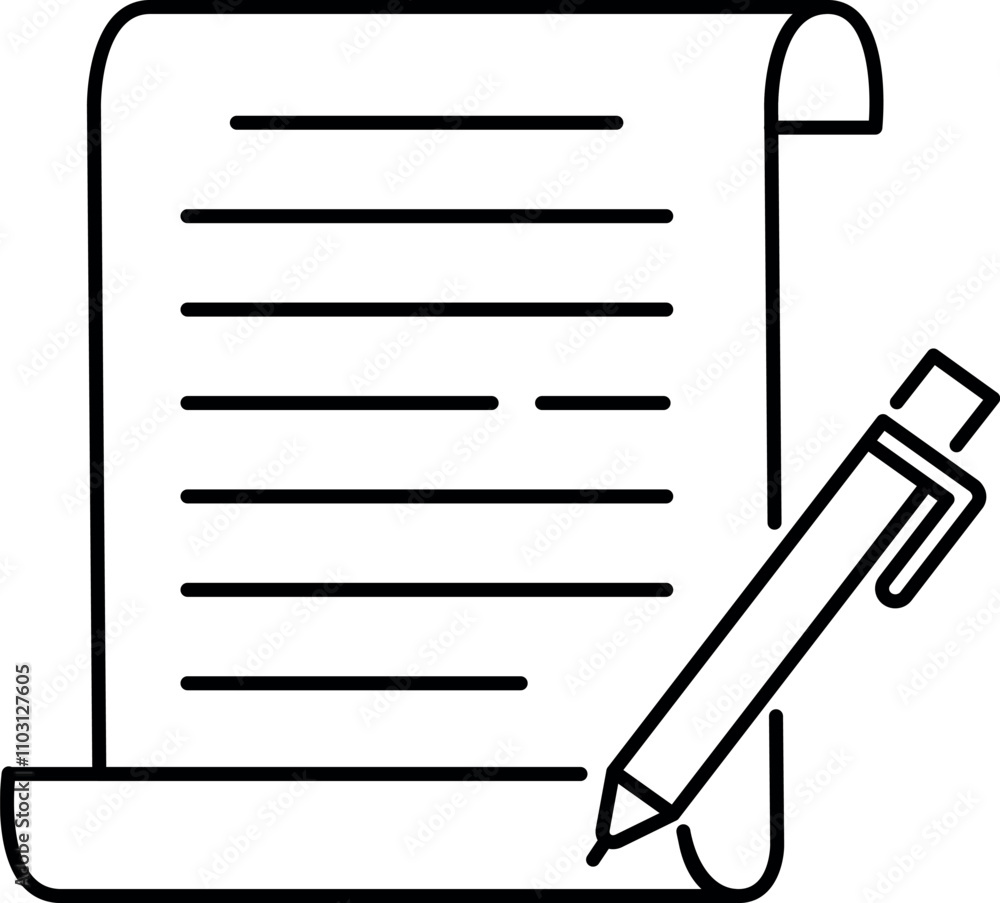 Poster a pen is on a piece of paper with a line drawing of a scroll