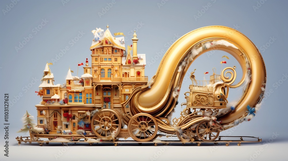 Poster a golden sleigh designed in the shape of the letter l filled with an array of colorful christmas pre