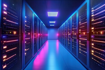 Fototapeta premium Illuminated data center corridor with glowing servers and vibrant blue and purple lighting