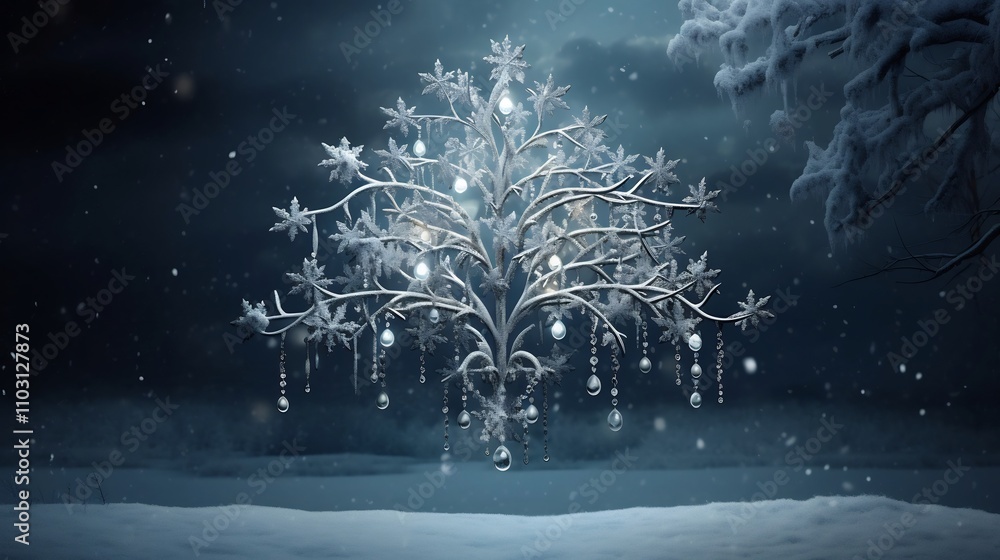 Poster elegant y shaped snowy tree branch with hanging ornaments and swirling snowflakes creating a minimal
