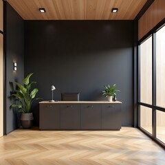 Modern minimalist office reception with wooden flooring and potted plants