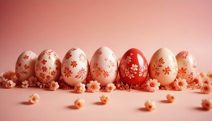 Huevos de Pascua, flores y otras decoraciones sobre un fondo rosa