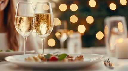 Toasting champagne glasses at a festive dinner table a joyful evening celebration