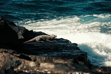 Marine Iguana Basking: A marine iguana lying on black volcanic rocks