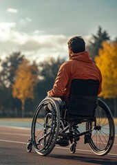 Obraz premium Dynamic Athlete in Wheelchair Racing on Outdoor Track at Sunset