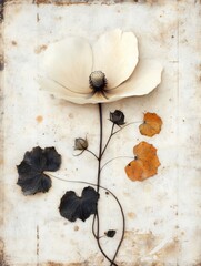 A white flower with black leaves is the main focus of the image