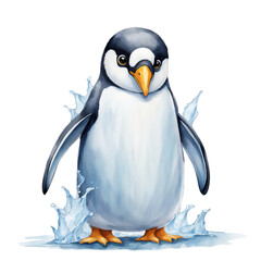 Obraz premium A cute winter cartoon featuring a snowman in a hat holding a broom with penguins celebrating in a snowy holiday scene