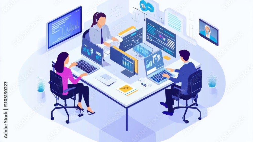 Aufkleber collaborative workspace with professionals analyzing data and trends