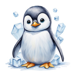 Obraz premium A cute winter cartoon featuring a snowman in a hat holding a broom with penguins celebrating in a snowy holiday scene