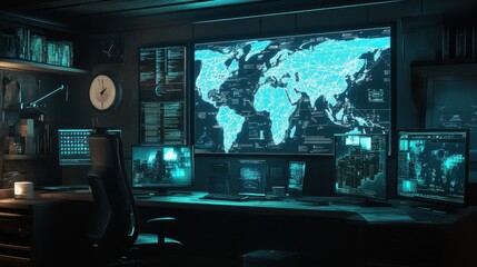 Modern Workspace with World Map and High-Tech Monitors