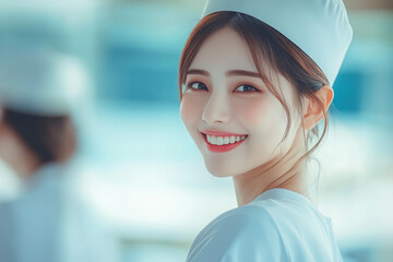Portrait of a nurse in uniform, smiling confidently.