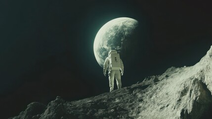 Astronaut gazing at Earth from the lunar surface.