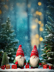 Gnomes family with gift and Christmas tree background with snow. Xmas concept.