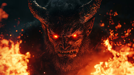 Glowing Red-Eyed Demon with Sharp Horns in Fiery Darkness
